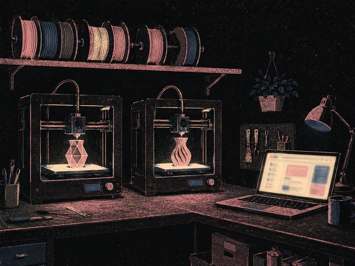 Illustration of a 3D printing studio at night: two printers mid-print with glowing beds, filament spools above, a laptop showing an order form