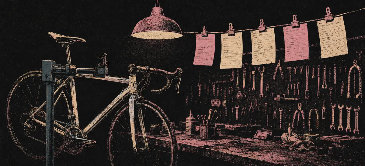 Illustration of a bike workshop: a bike on a repair stand under a workshop lamp, paper job tickets clipped to a wire above the bench