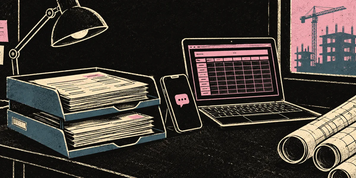 Illustration of a contracting office desk: a tray of supplier invoices beside a phone, a laptop with a spreadsheet on screen