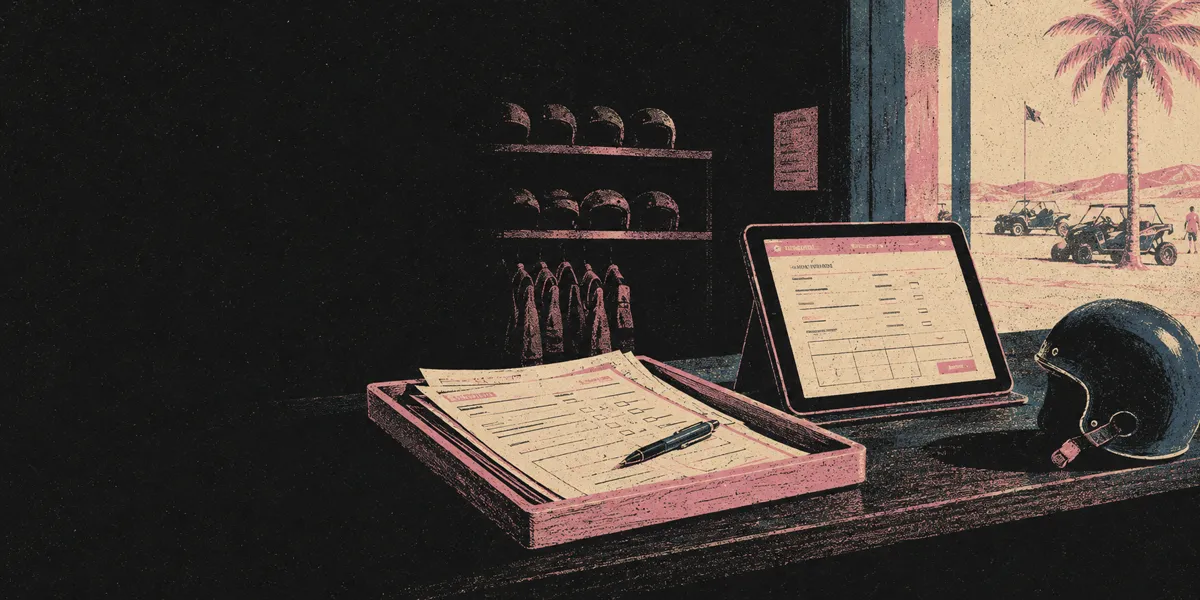 Illustration of a rental counter: a tray of paper registration forms beside a tablet showing a digital registration form