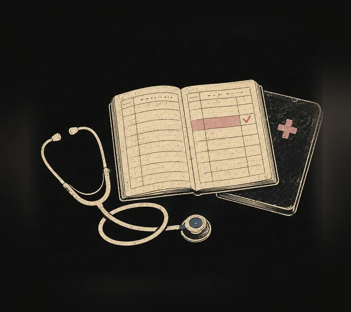 Risograph illustration: a stethoscope beside a patient appointment ledger