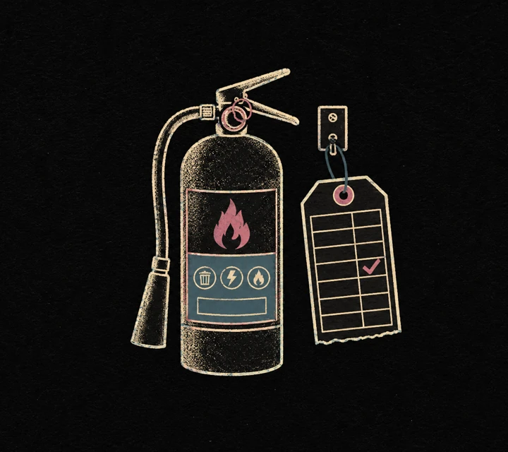 Risograph illustration: a fire extinguisher beside an inspection tag with a checked next-due line