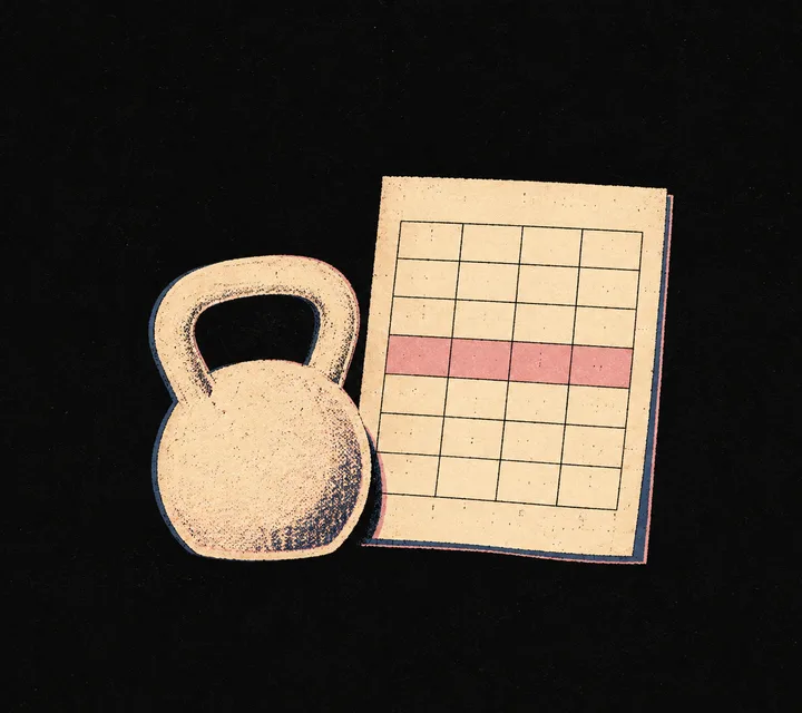 Risograph illustration: a kettlebell beside a class schedule