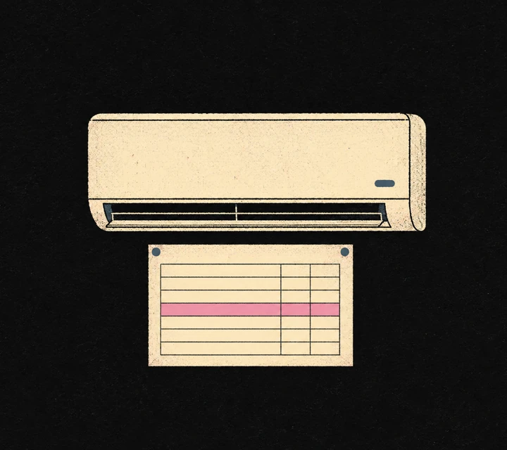 Risograph illustration: a wall-mounted AC unit above a maintenance schedule with one due visit highlighted