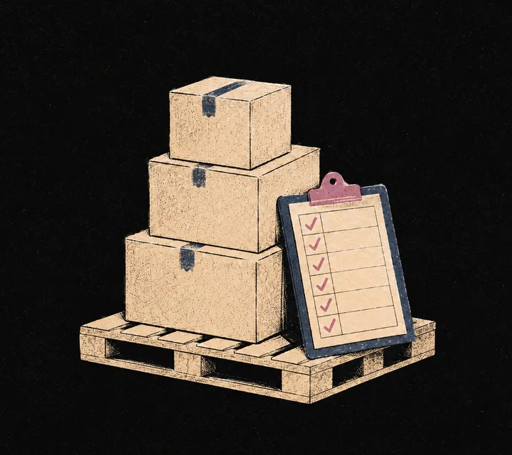 Risograph illustration: stacked boxes with a clipboard manifest