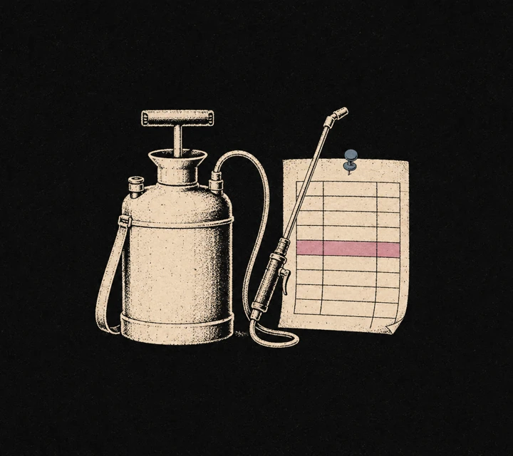 Risograph illustration: a pump sprayer beside a pinned route sheet with one visit row highlighted